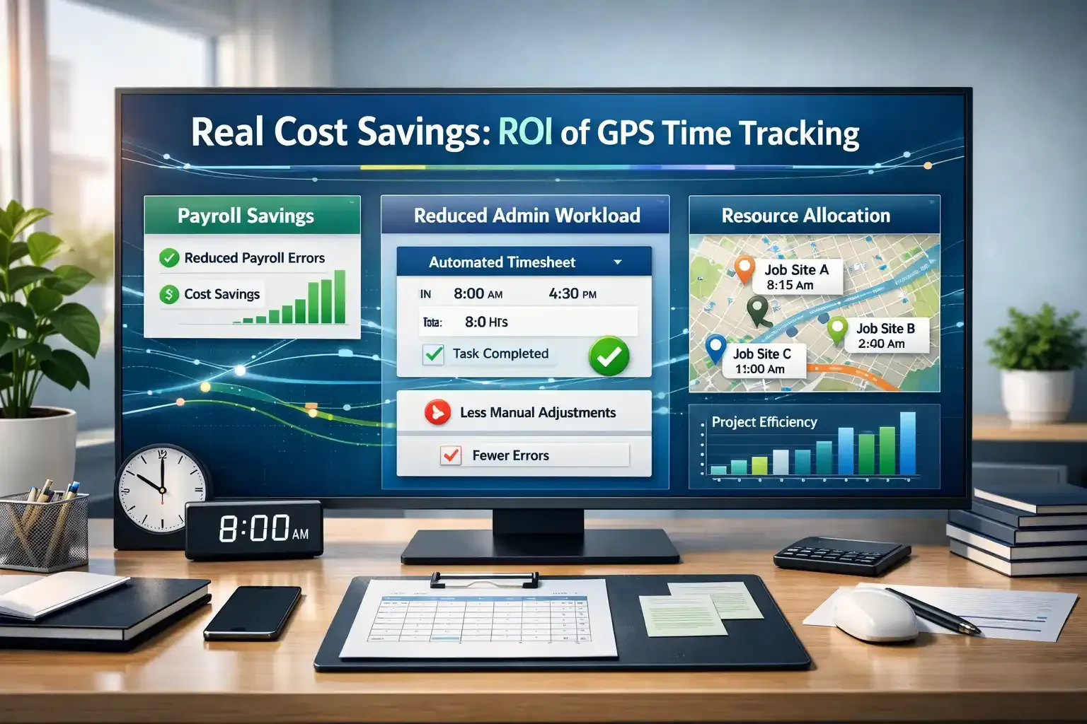 Modern office desk with GPS time tracking dashboard showing ROI metrics